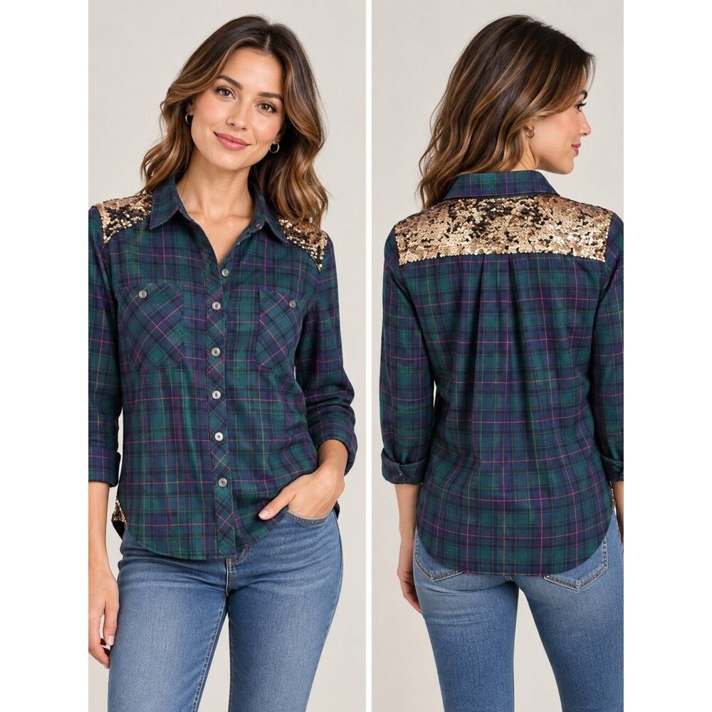 EUC flannel may & july women's plaid 100% cotton Sequins button down shirt M